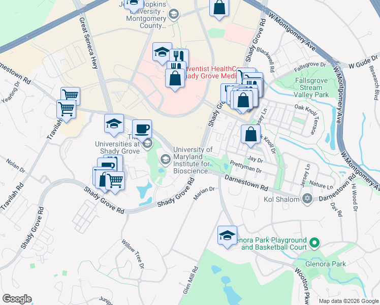 map of restaurants, bars, coffee shops, grocery stores, and more near 9615 Darnestown Road in Rockville