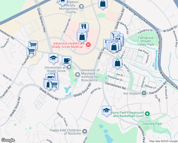 map of restaurants, bars, coffee shops, grocery stores, and more near 9615 Darnestown Road in Rockville