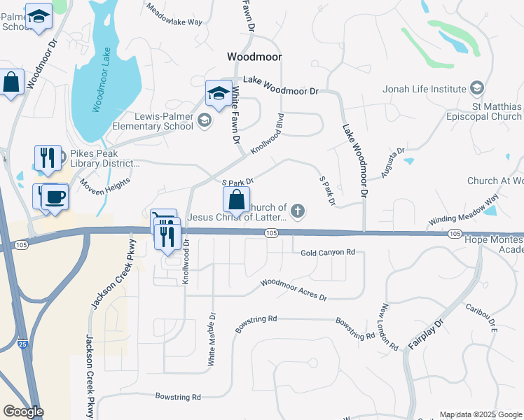 map of restaurants, bars, coffee shops, grocery stores, and more near 1150 Village Ridge Point in Monument