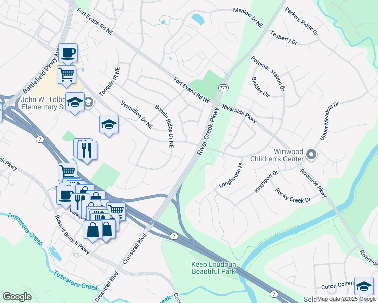 map of restaurants, bars, coffee shops, grocery stores, and more near 804 Larch Valley Court Northeast in Leesburg