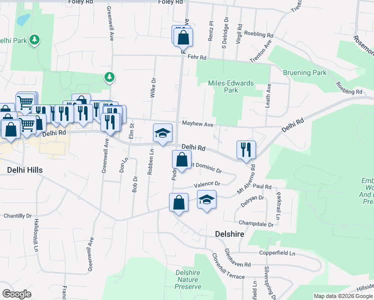 map of restaurants, bars, coffee shops, grocery stores, and more near 4440 Delhi Pike in Cincinnati