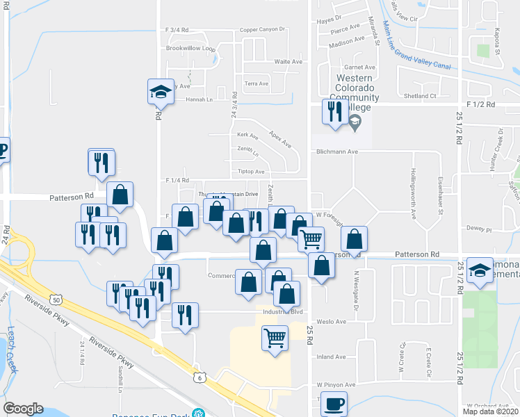 map of restaurants, bars, coffee shops, grocery stores, and more near 616 Mesa Canyon Lane in Grand Junction
