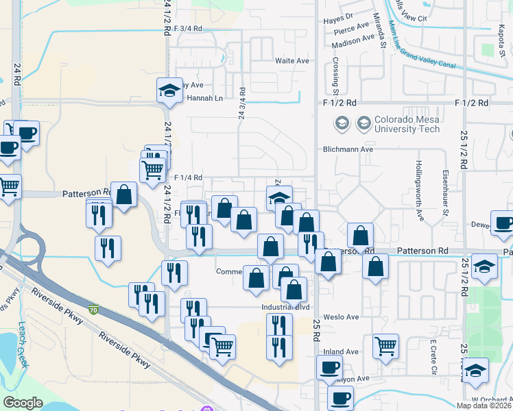 map of restaurants, bars, coffee shops, grocery stores, and more near 616 Mesa Canyon Lane in Grand Junction