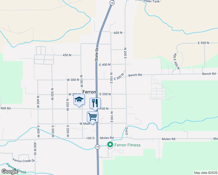 map of restaurants, bars, coffee shops, grocery stores, and more near North 100 East in Ferron