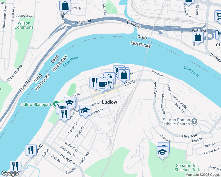 map of restaurants, bars, coffee shops, grocery stores, and more near 47 Euclid Street in Ludlow