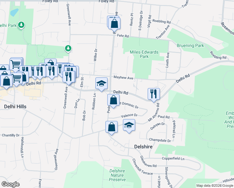 map of restaurants, bars, coffee shops, grocery stores, and more near 4440 Delhi Pike in Cincinnati