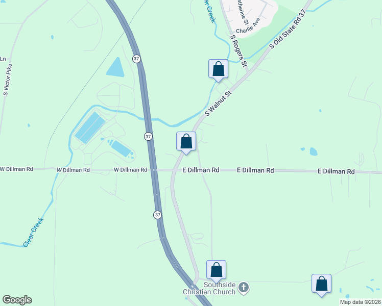 map of restaurants, bars, coffee shops, grocery stores, and more near 6489 Old Indiana 37 in Bloomington