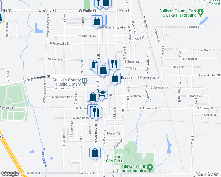 map of restaurants, bars, coffee shops, grocery stores, and more near 28 South Court Street in Sullivan