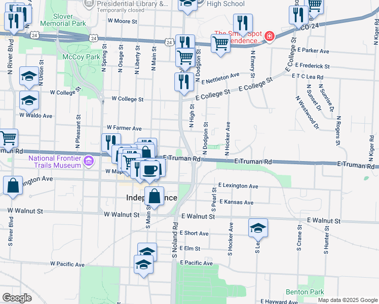 map of restaurants, bars, coffee shops, grocery stores, and more near 200 East White Oak Street in Independence