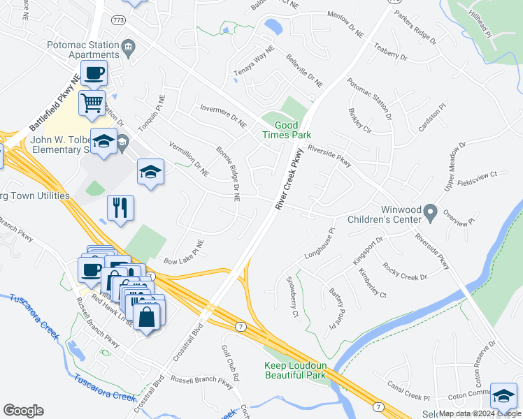 map of restaurants, bars, coffee shops, grocery stores, and more near 804 Larch Valley Court Northeast in Leesburg