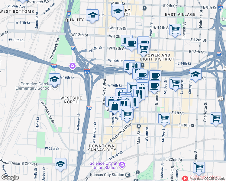 map of restaurants, bars, coffee shops, grocery stores, and more near 1601 Broadway in Kansas City