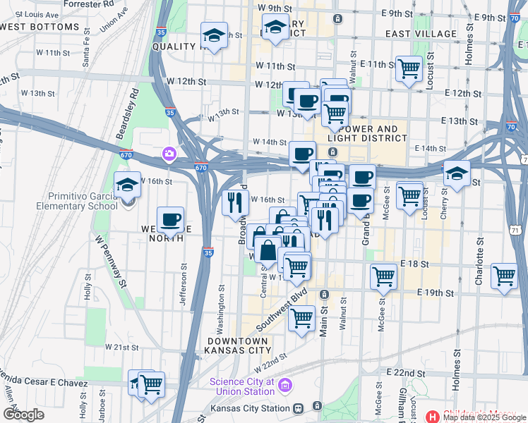map of restaurants, bars, coffee shops, grocery stores, and more near 1601 Broadway in Kansas City