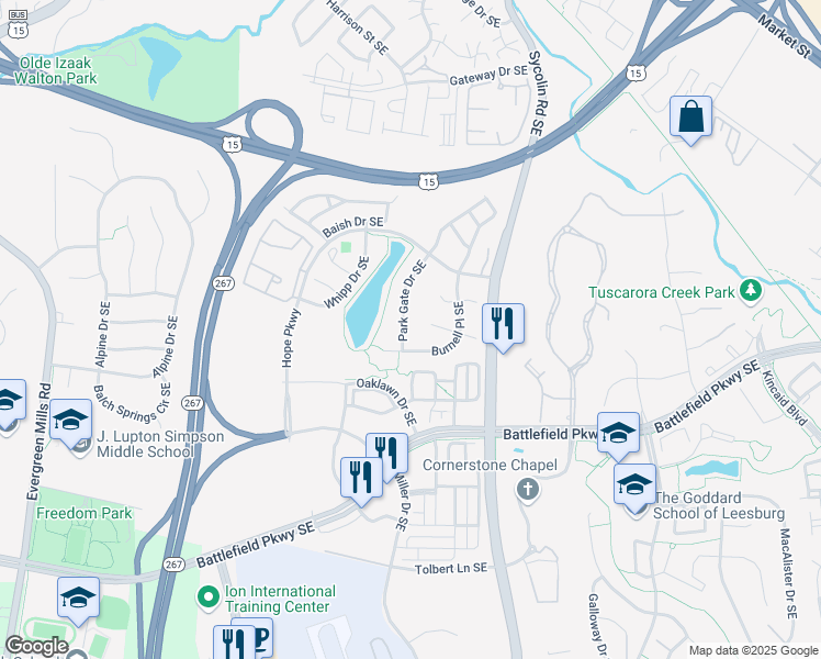 map of restaurants, bars, coffee shops, grocery stores, and more near 224 Park Gate Drive Southeast in Leesburg