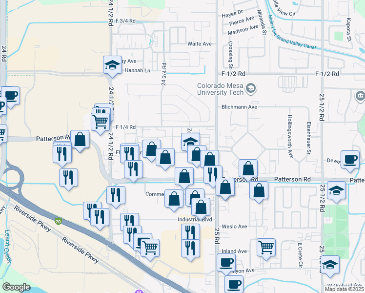 map of restaurants, bars, coffee shops, grocery stores, and more near 612 Mesa Canyon Lane in Grand Junction