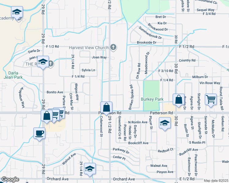 map of restaurants, bars, coffee shops, grocery stores, and more near 615 North Sunset Street in Grand Junction