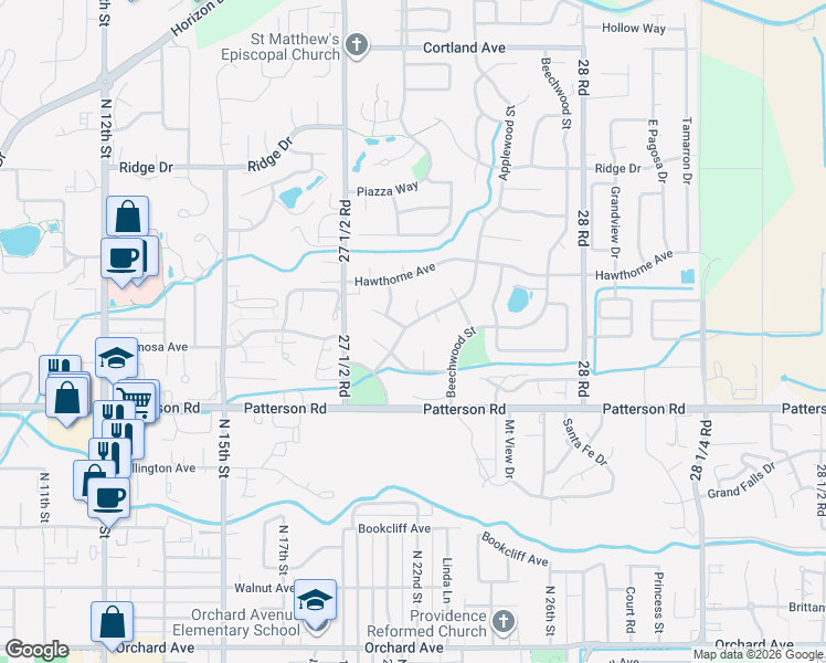 map of restaurants, bars, coffee shops, grocery stores, and more near 2904 Applewood Street in Grand Junction