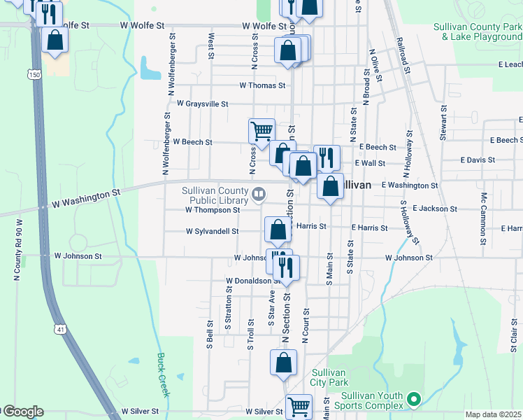 map of restaurants, bars, coffee shops, grocery stores, and more near 298 West Jackson Street in Sullivan