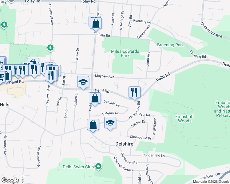 map of restaurants, bars, coffee shops, grocery stores, and more near 4412 Delhi Road in Cincinnati