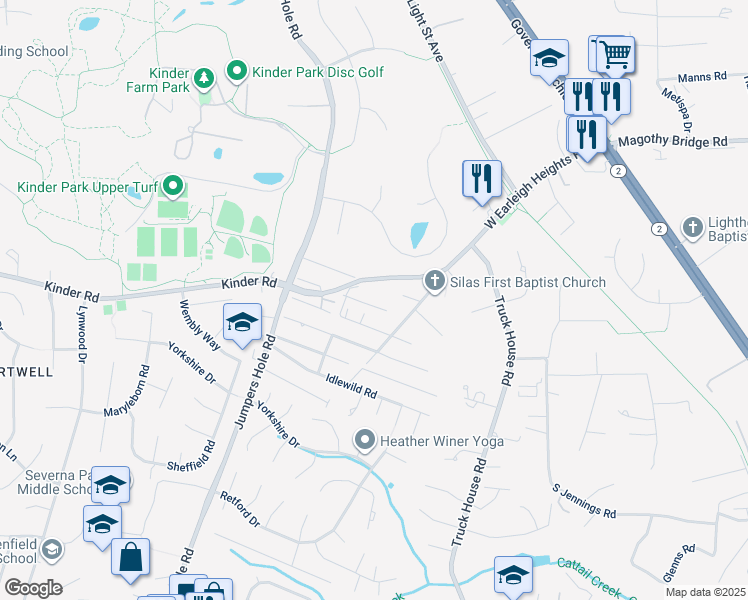 map of restaurants, bars, coffee shops, grocery stores, and more near 116 Overlea Drive East in Severna Park
