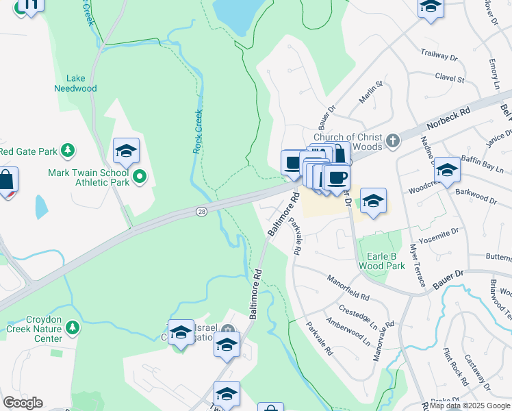map of restaurants, bars, coffee shops, grocery stores, and more near 14517 Parkvale Road in Rockville