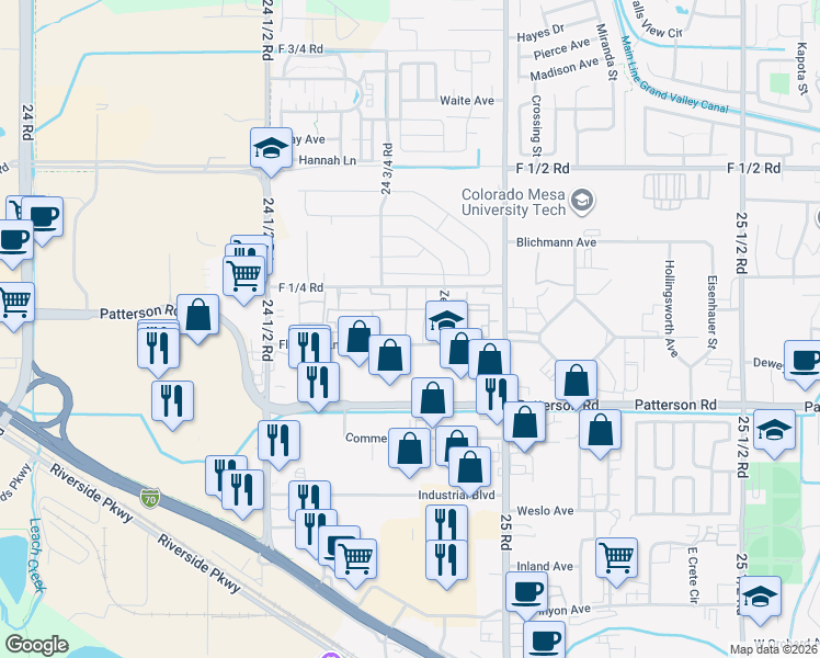 map of restaurants, bars, coffee shops, grocery stores, and more near 616 Mesa Canyon Lane in Grand Junction