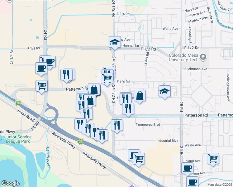 map of restaurants, bars, coffee shops, grocery stores, and more near 615 Balanced Rock Way in Grand Junction