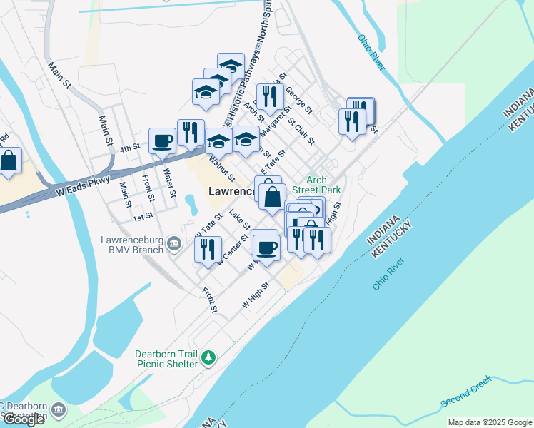 map of restaurants, bars, coffee shops, grocery stores, and more near 20 East Center Street in Lawrenceburg