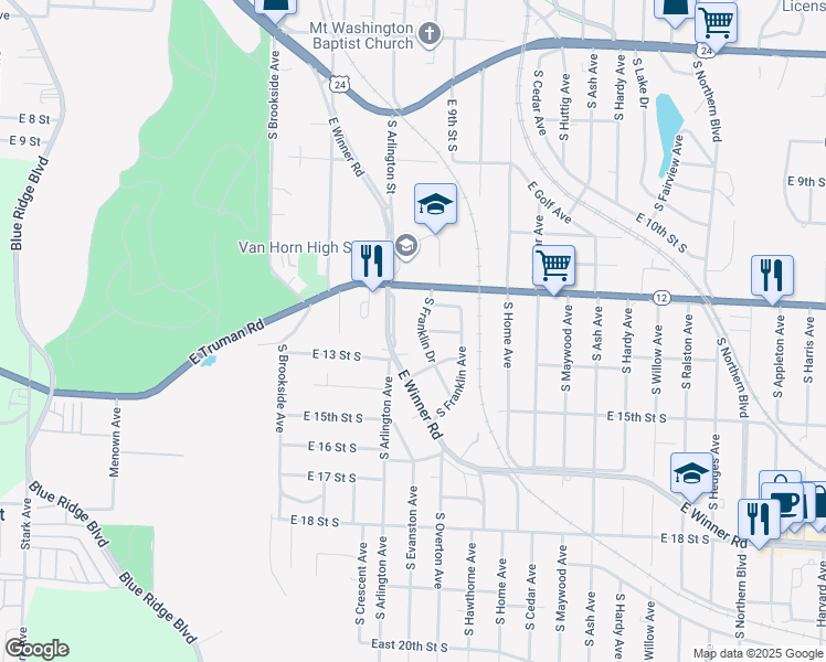 map of restaurants, bars, coffee shops, grocery stores, and more near 9728 South Arlington Avenue in Independence