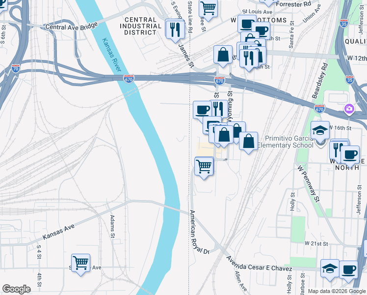 map of restaurants, bars, coffee shops, grocery stores, and more near 200 South James Street in Kansas City