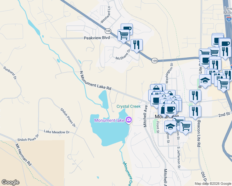 map of restaurants, bars, coffee shops, grocery stores, and more near 398 Raspberry Lane in Monument