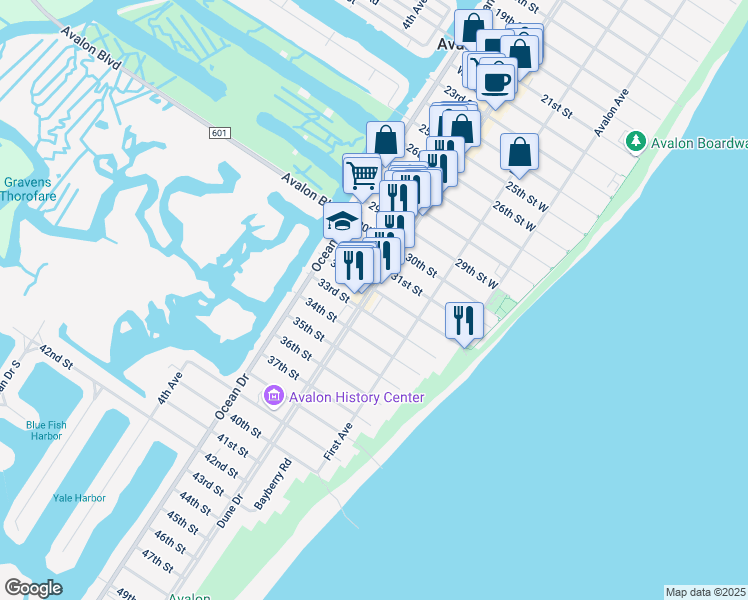 map of restaurants, bars, coffee shops, grocery stores, and more near 3219 Dune Drive in Avalon