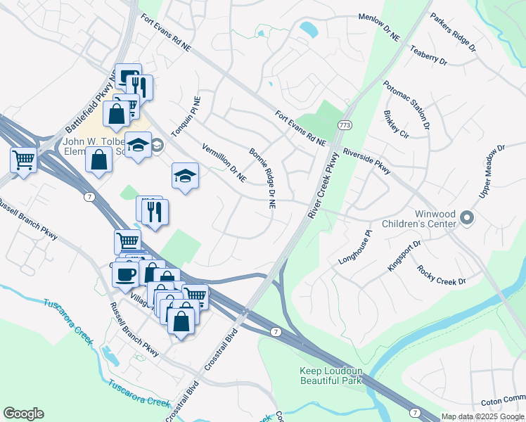 map of restaurants, bars, coffee shops, grocery stores, and more near 812 Fountain Hall Court Northeast in Leesburg