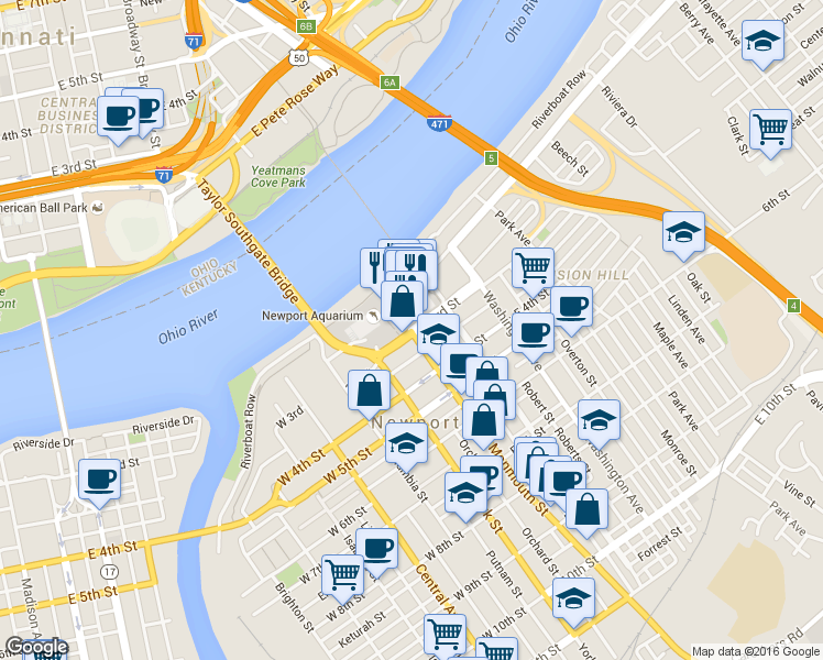 map of restaurants, bars, coffee shops, grocery stores, and more near 101 East 3rd Street in Newport