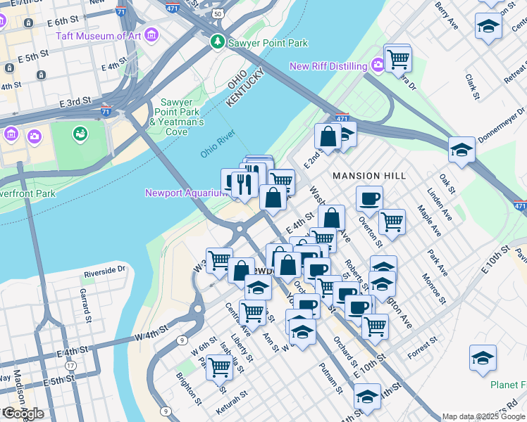map of restaurants, bars, coffee shops, grocery stores, and more near 101 East 3rd Street in Newport