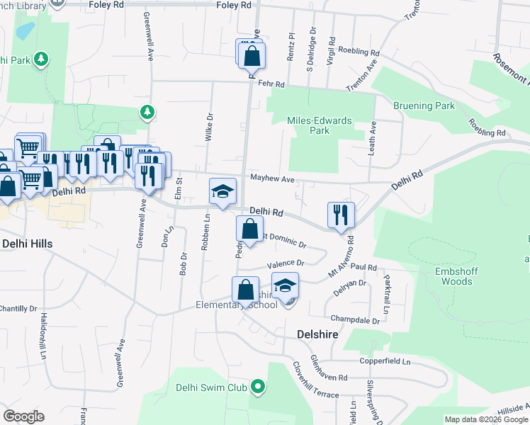 map of restaurants, bars, coffee shops, grocery stores, and more near 4440 Delhi Road in Cincinnati