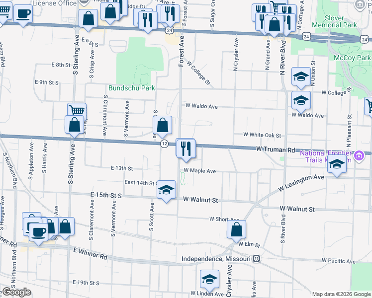 map of restaurants, bars, coffee shops, grocery stores, and more near 1515 East Truman Road in Independence