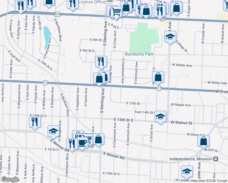 map of restaurants, bars, coffee shops, grocery stores, and more near 11309 Aaron Lane in Independence