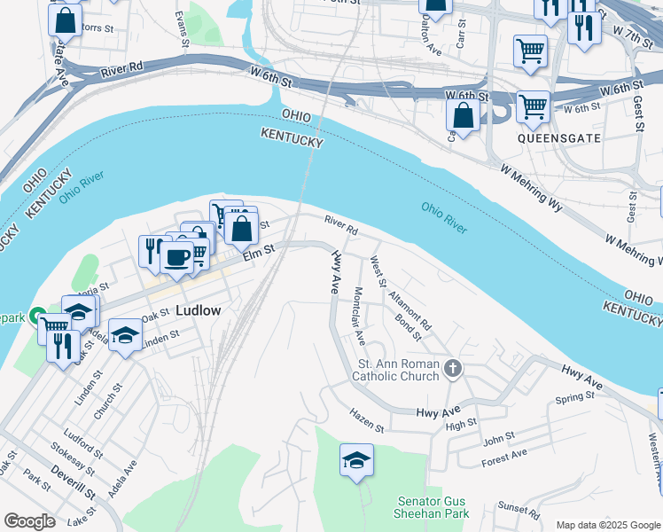 map of restaurants, bars, coffee shops, grocery stores, and more near 111 Highway Avenue in Ludlow