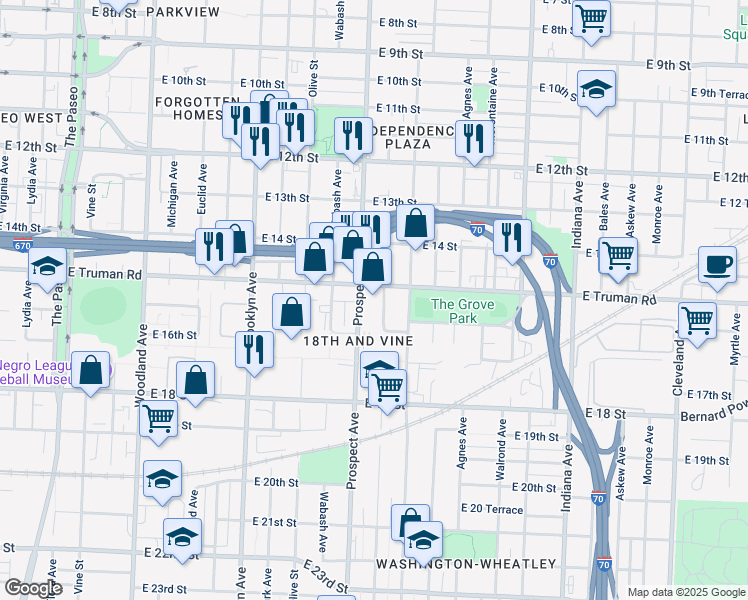 map of restaurants, bars, coffee shops, grocery stores, and more near 2601 East Truman Road in Kansas City