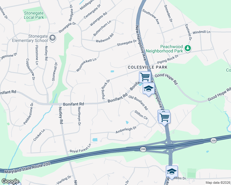 map of restaurants, bars, coffee shops, grocery stores, and more near 133 Bonifant Road in Silver Spring