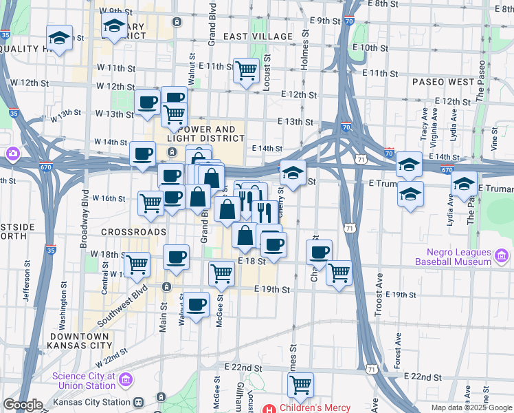 map of restaurants, bars, coffee shops, grocery stores, and more near 1530 Locust Street in Kansas City
