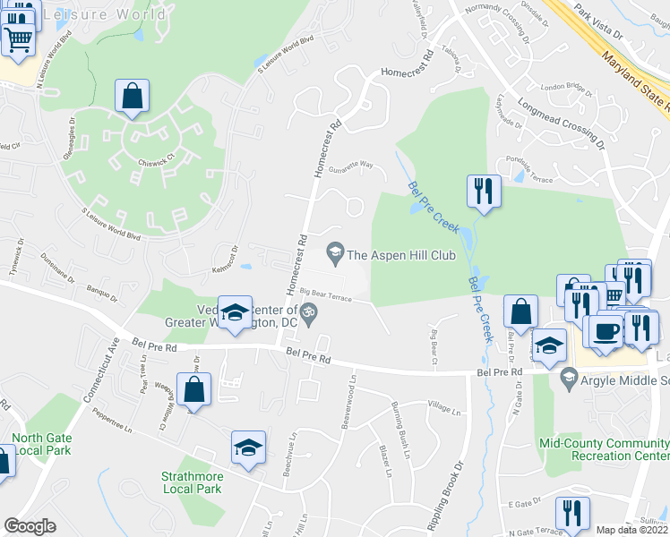 map of restaurants, bars, coffee shops, grocery stores, and more near 14501 Homecrest Rd in Silver Spring