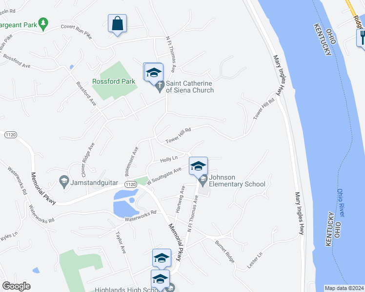 map of restaurants, bars, coffee shops, grocery stores, and more near 314 South Fort Thomas Avenue in Fort Thomas