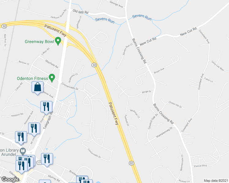 map of restaurants, bars, coffee shops, grocery stores, and more near 1537 Ringe Drive in Severn