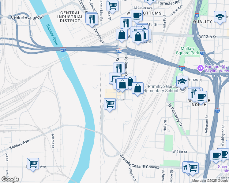 map of restaurants, bars, coffee shops, grocery stores, and more near 1660 Genessee Street in Kansas City