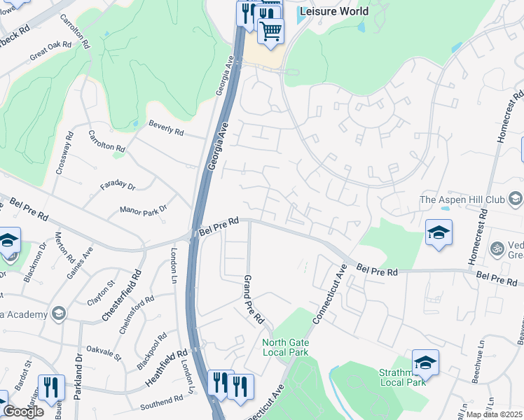 map of restaurants, bars, coffee shops, grocery stores, and more near 3811 Gawayne Terrace in Silver Spring
