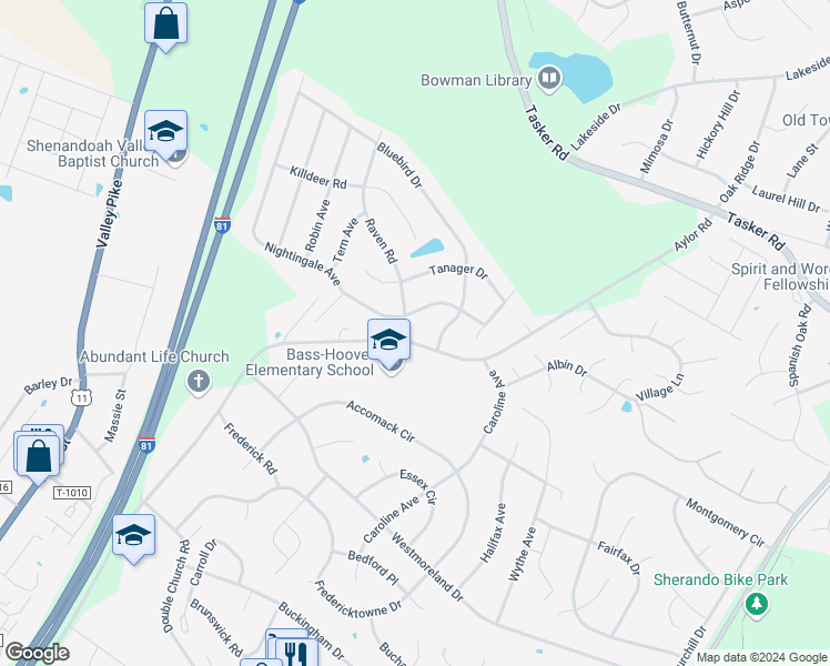 map of restaurants, bars, coffee shops, grocery stores, and more near 100 Raven Road in Stephens City