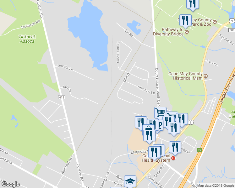 map of restaurants, bars, coffee shops, grocery stores, and more near 6 Cynwyd Drive in Cape May County