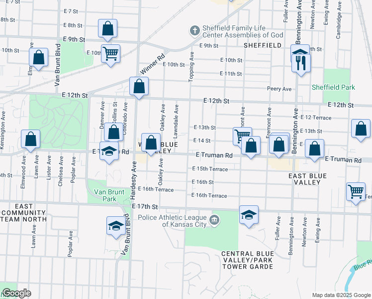 map of restaurants, bars, coffee shops, grocery stores, and more near 5716 East Truman Road in Kansas City
