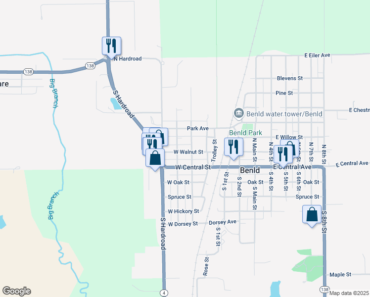 map of restaurants, bars, coffee shops, grocery stores, and more near 304 West Walnut Street in Benld